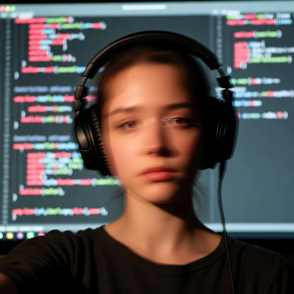 Tired 3 a.m. blurry selfie with code errors glowing