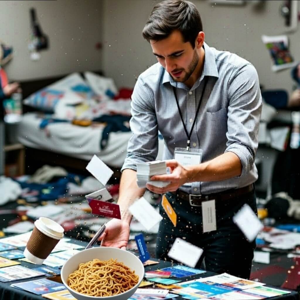 Cat photobombing messy Zoom networking call with ramen