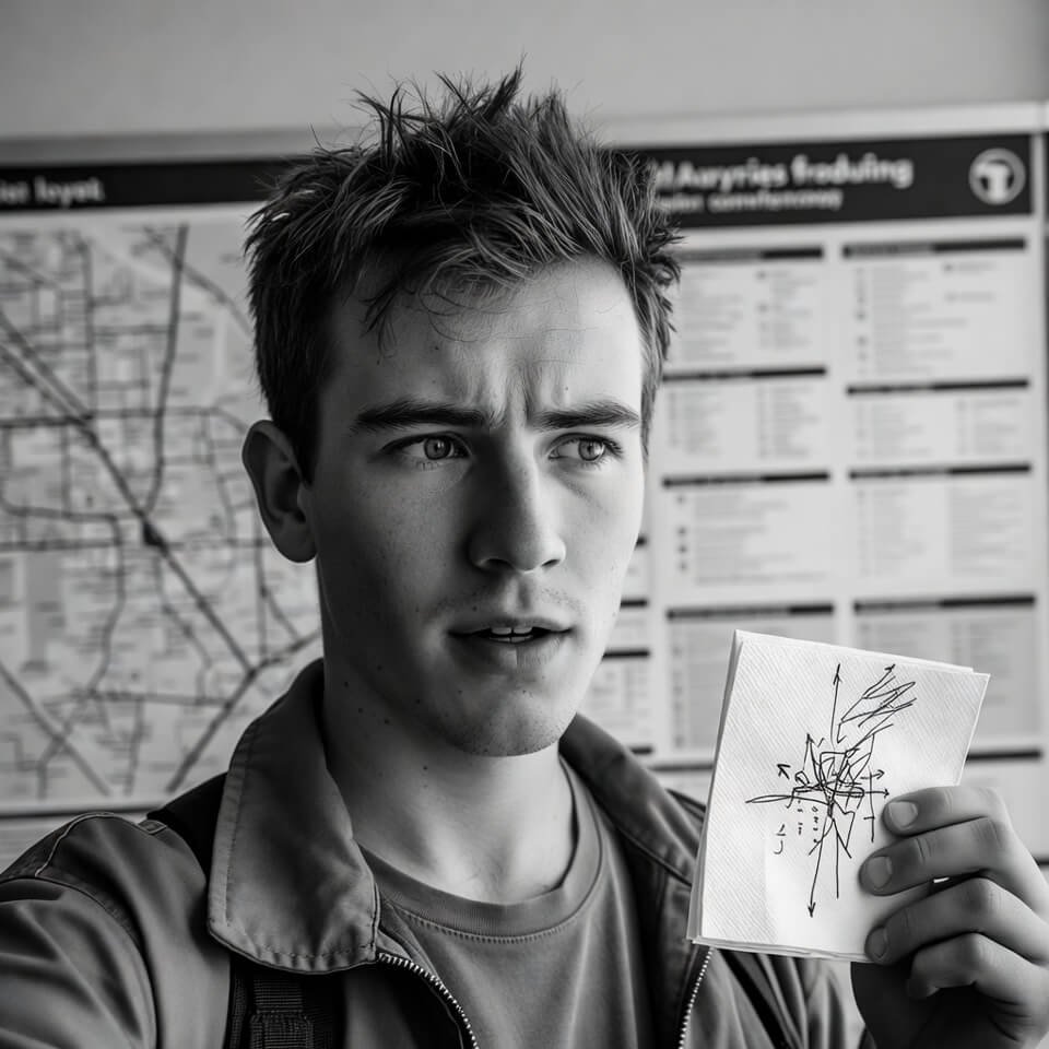 Lost young me with messy napkin directions