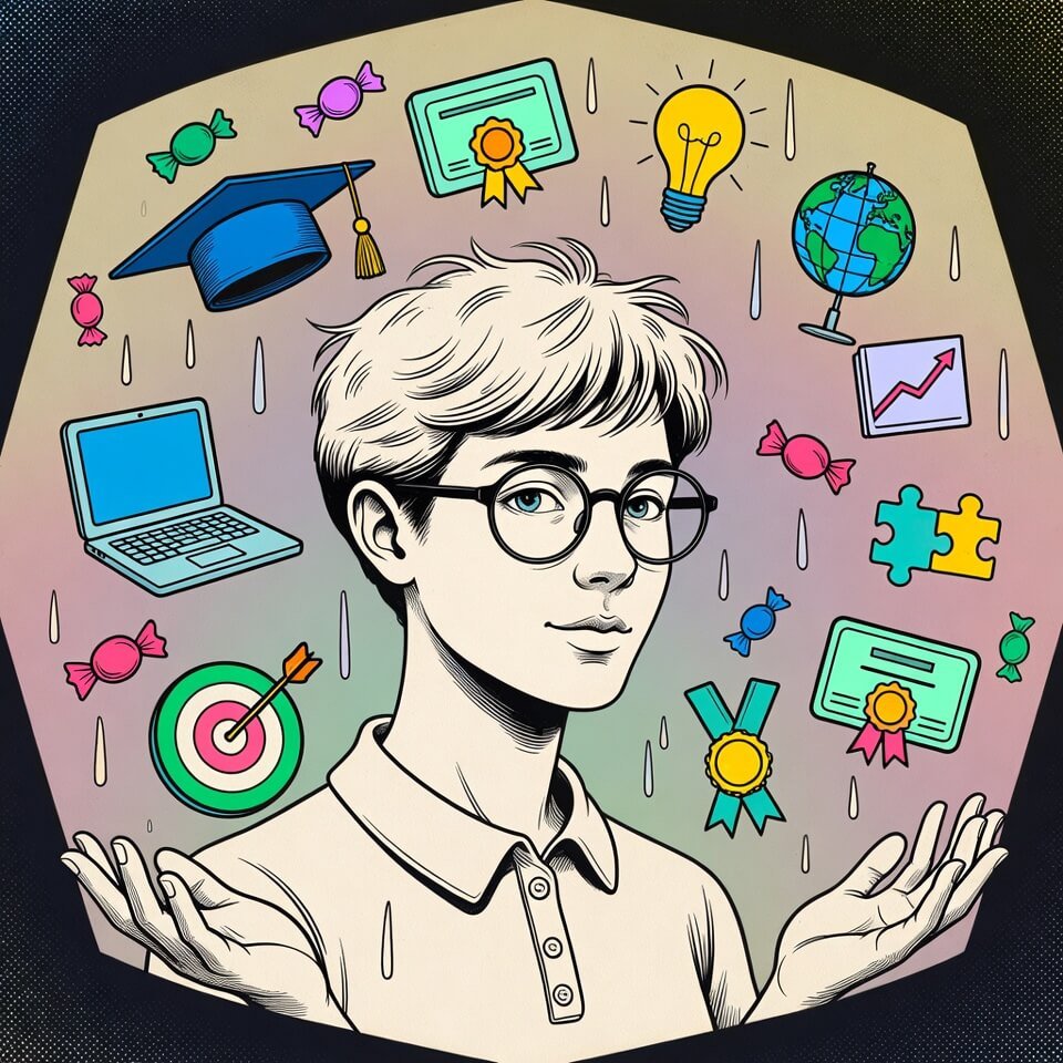 Person juggling neon course icons and raining candy-wrapper badges