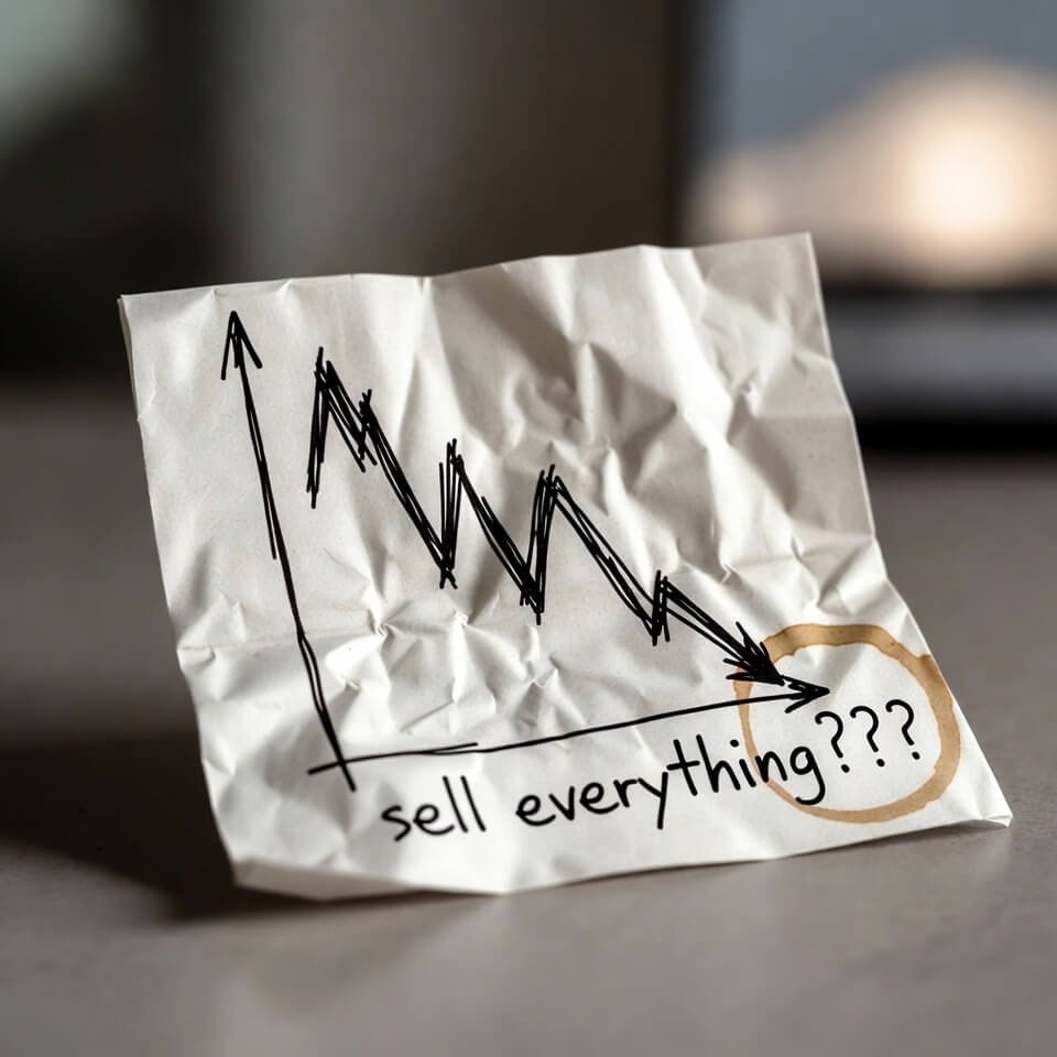 Crumpled napkin stock chart with coffee ring and "sell everything???"