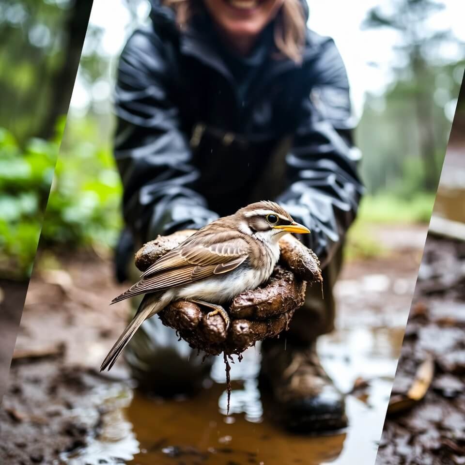 Muddy boots releasing rescued bird