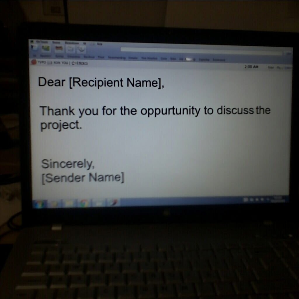 Blurry 2 a.m. laptop screen with "oppurtunity" typo in email