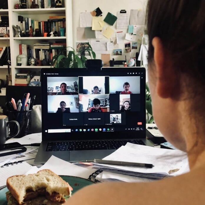 Chaotic home virtual classroom with half-eaten sandwich distractions
