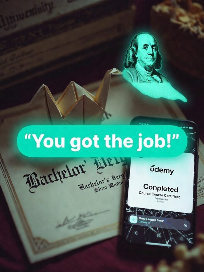 Origami diploma crane beside job notification and Udemy certificate