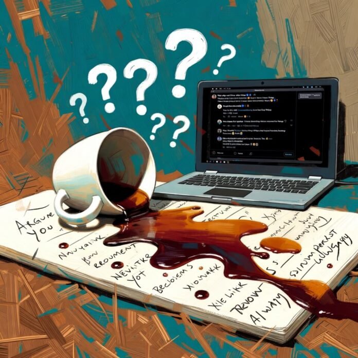 Spilled coffee floods messy argument notes with annoyed question marks.