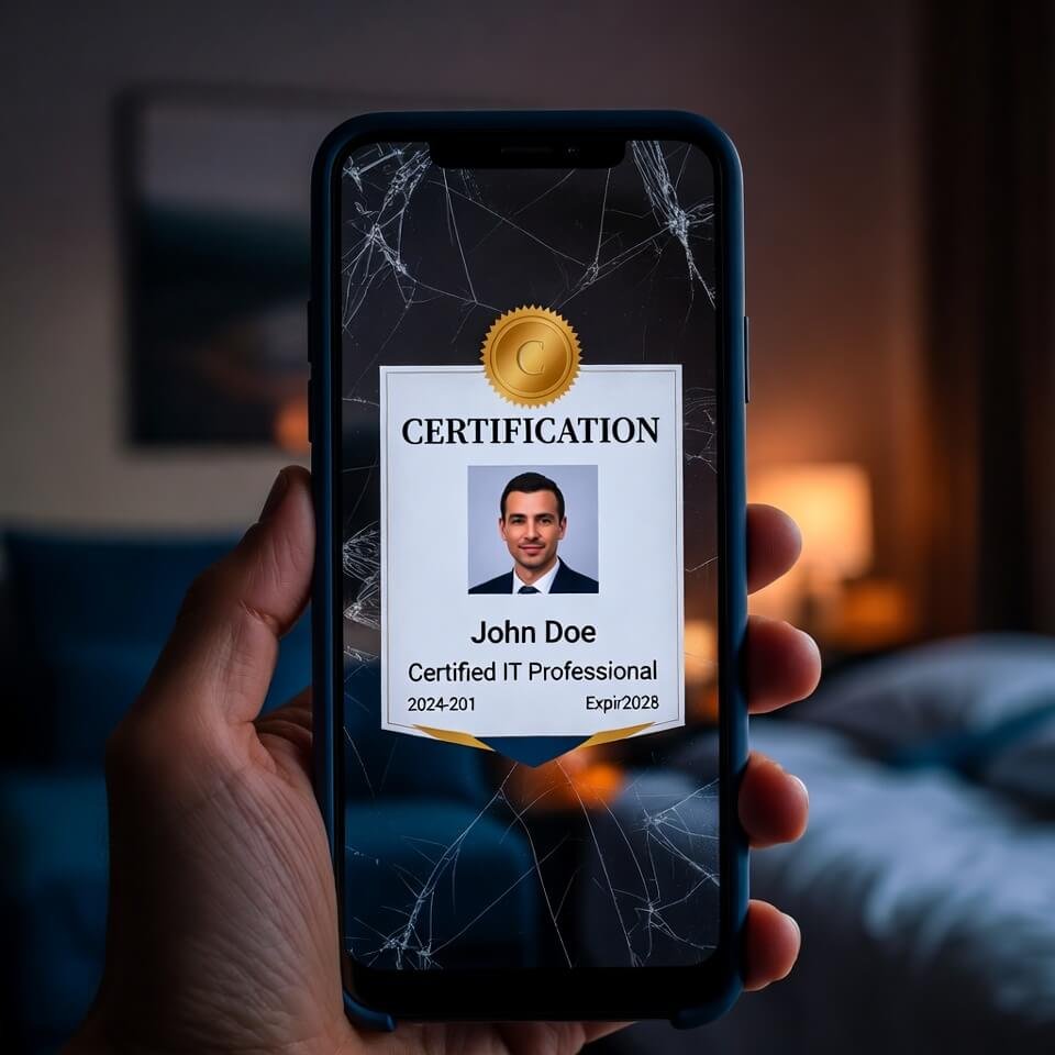 Cracked phone showing IT certification badge
