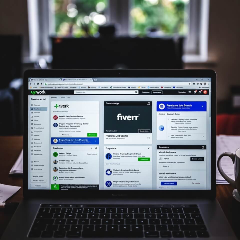 Laptop showing freelance apps in caffeine haze