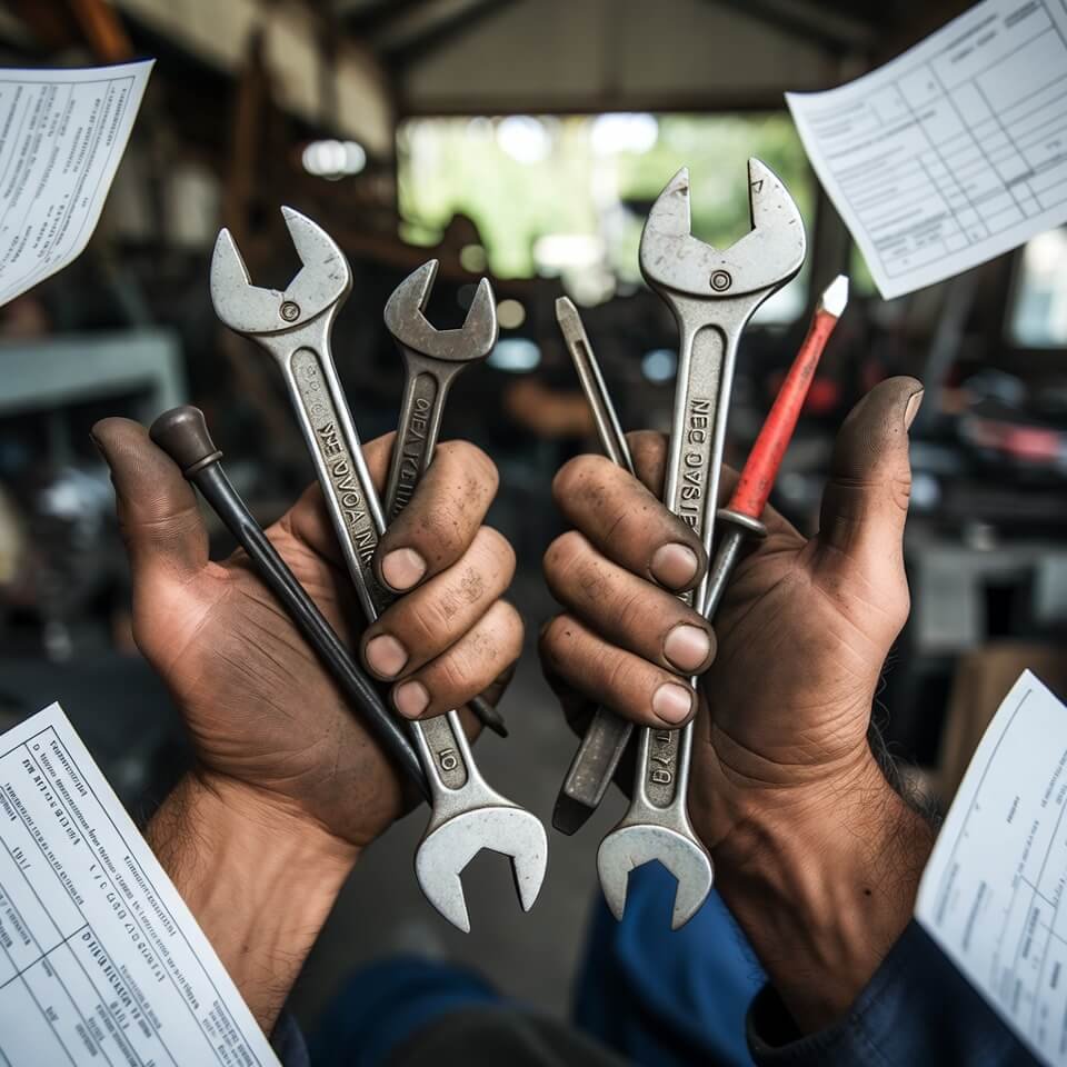 Dirty hands gripping wrenches over scattered paycheck stubs.