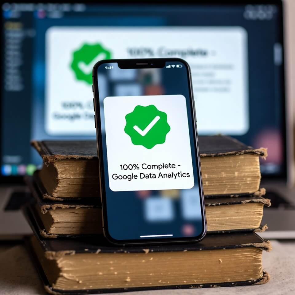 Dusty textbooks propping phone with Google Data Analytics completion badge