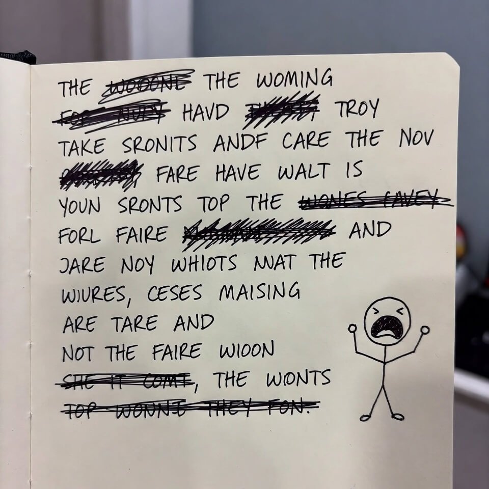 Crooked photo of chaotic notebook page with angry scribbles and screaming stick figure.