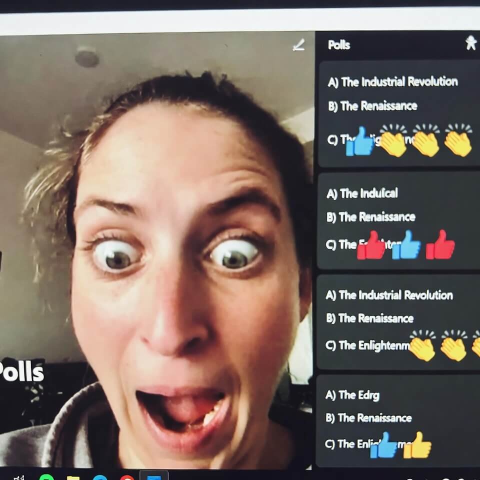 Surprised face reacting to live virtual classroom poll