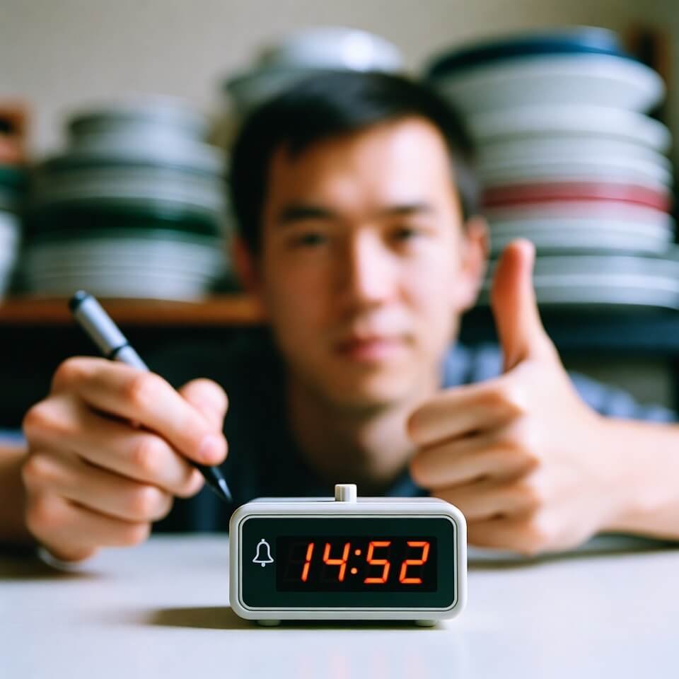 Blurry selfie at cluttered desk: timer at 14:52, tired thumbs-up, dirty dishes pile.