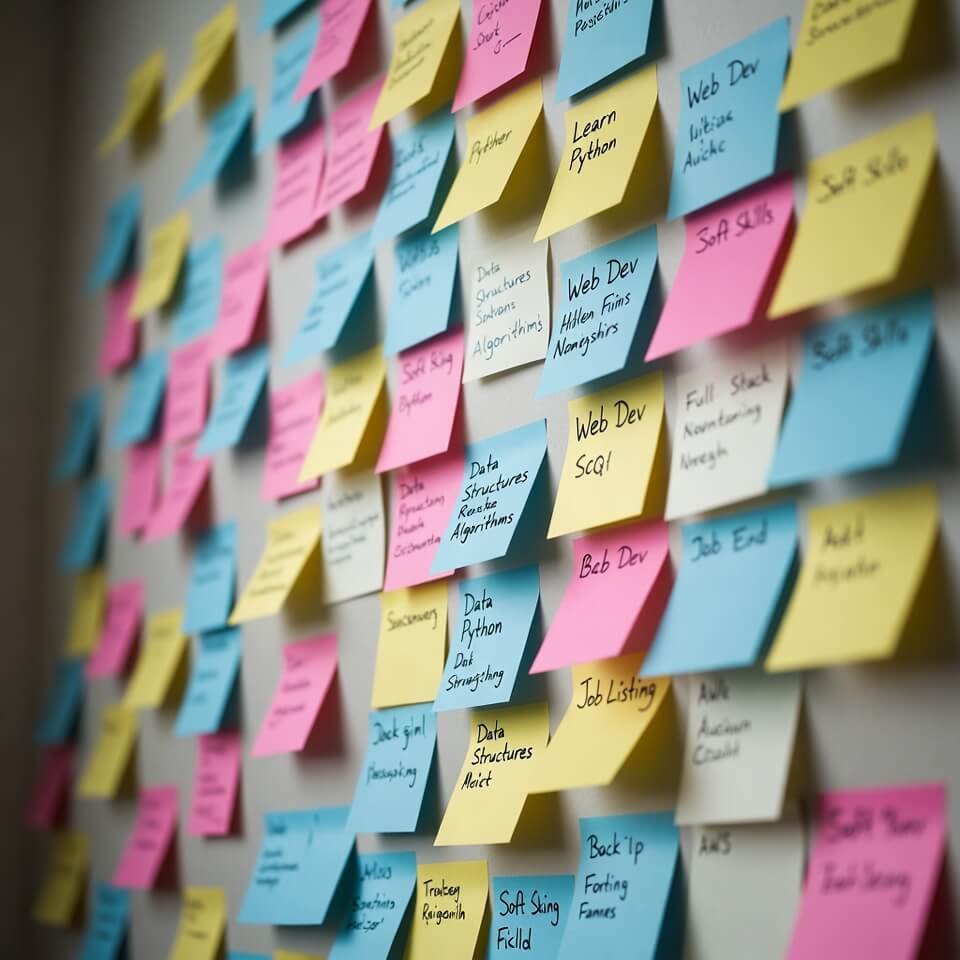 Chaotic sticky-note wall of coding and job reminders