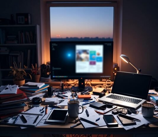 The 5 Biggest Ed Tech Innovations You Should Watch Messy desk with glowing ed tech and coffee stains