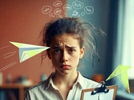 Classroom Management Tips for Aspiring Educators Frazzled young teacher with paper airplane mid-flight to face