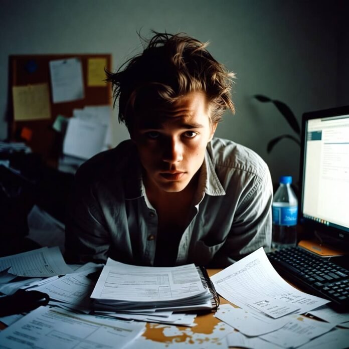 Chaotic work-study hustle in dimly lit dorm