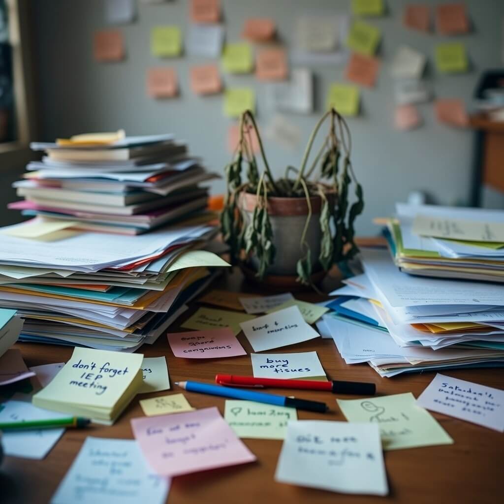 Chaotic teacher desk covered in sticky notes and dead plant
