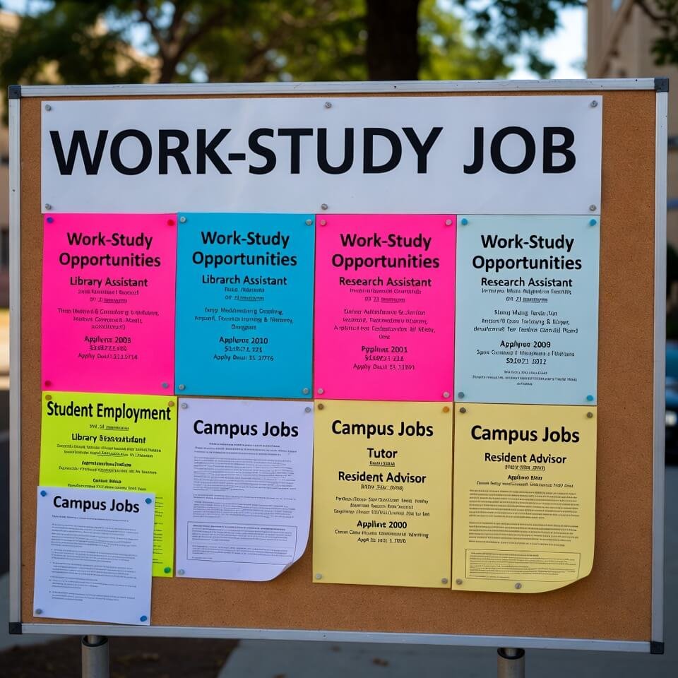 Tilted rush-hour view of neon work-study job board