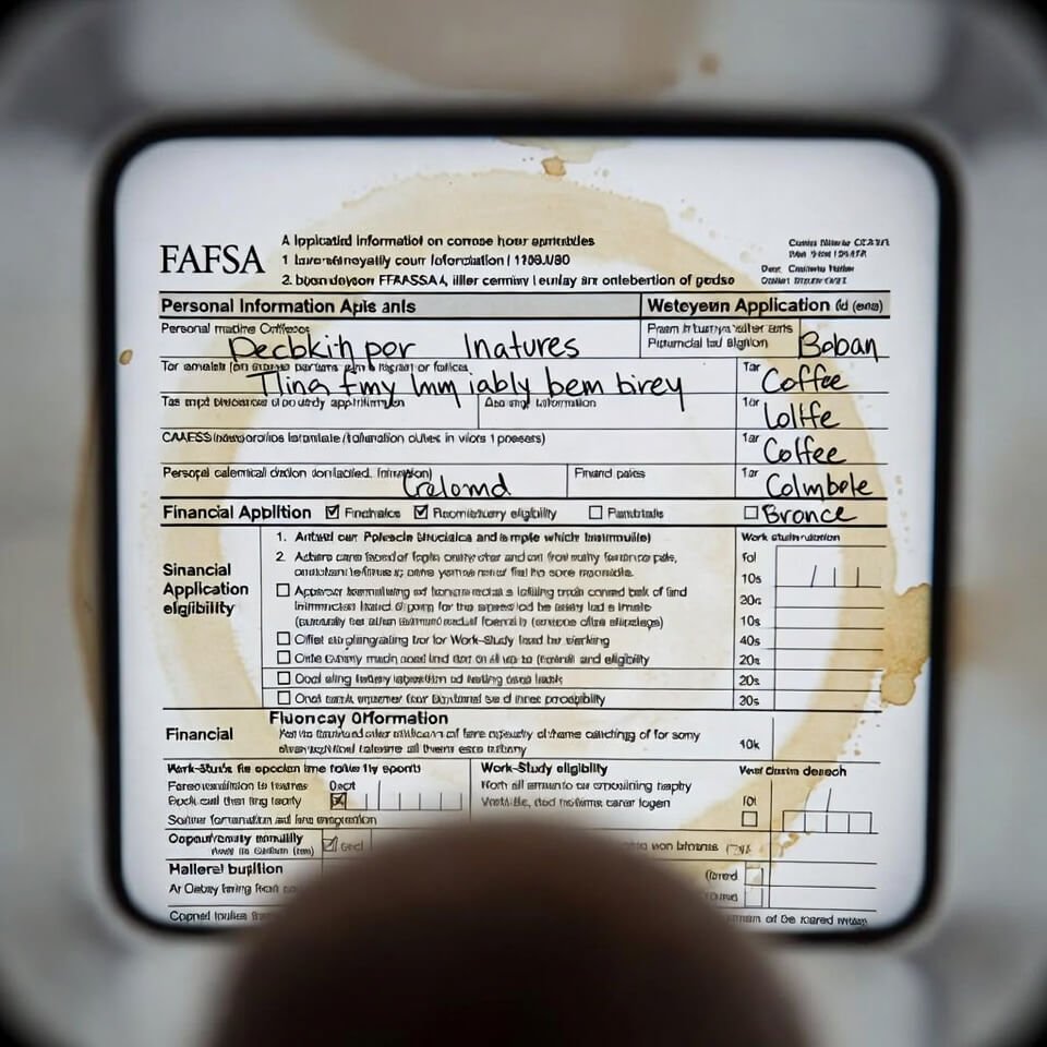 Messy FAFSA peek with coffee stains and blunders