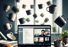 How to Balance Work and Online College Like a Pro Cluttered desk with laptop split-screen, spilled burger, floating mugs