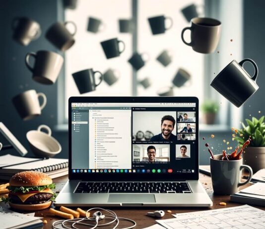 How to Balance Work and Online College Like a Pro Cluttered desk with laptop split-screen, spilled burger, floating mugs