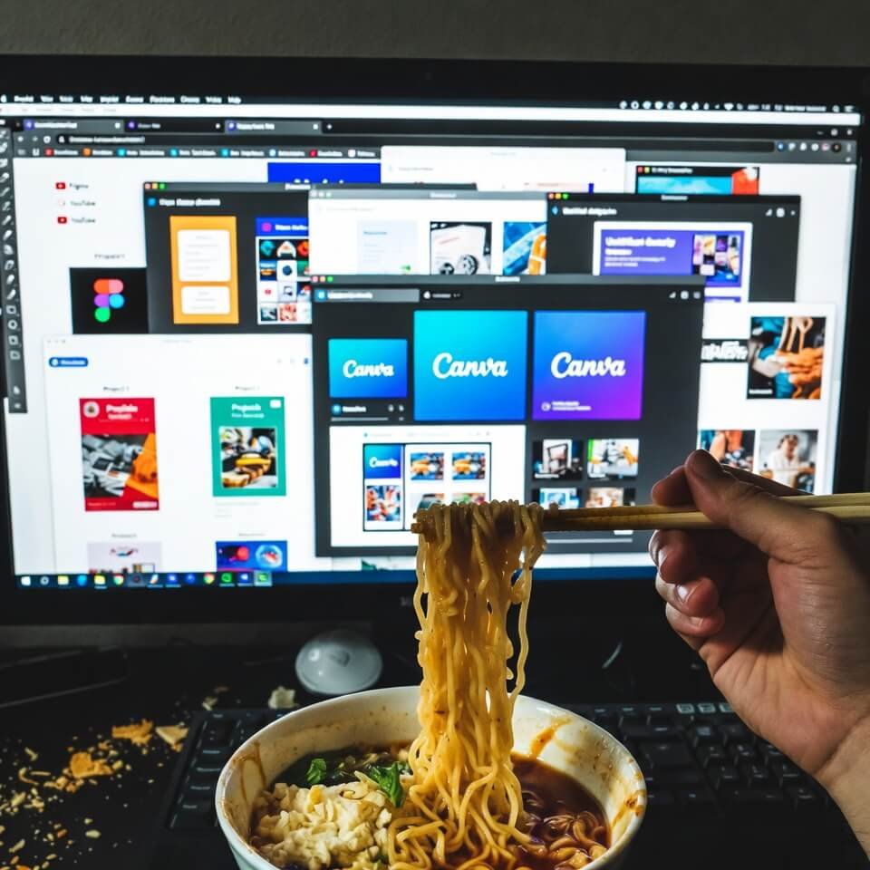Ramen and chaotic browser tabs for design work