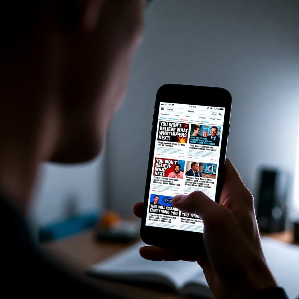 Thumb blocking fake news headlines on phone screen