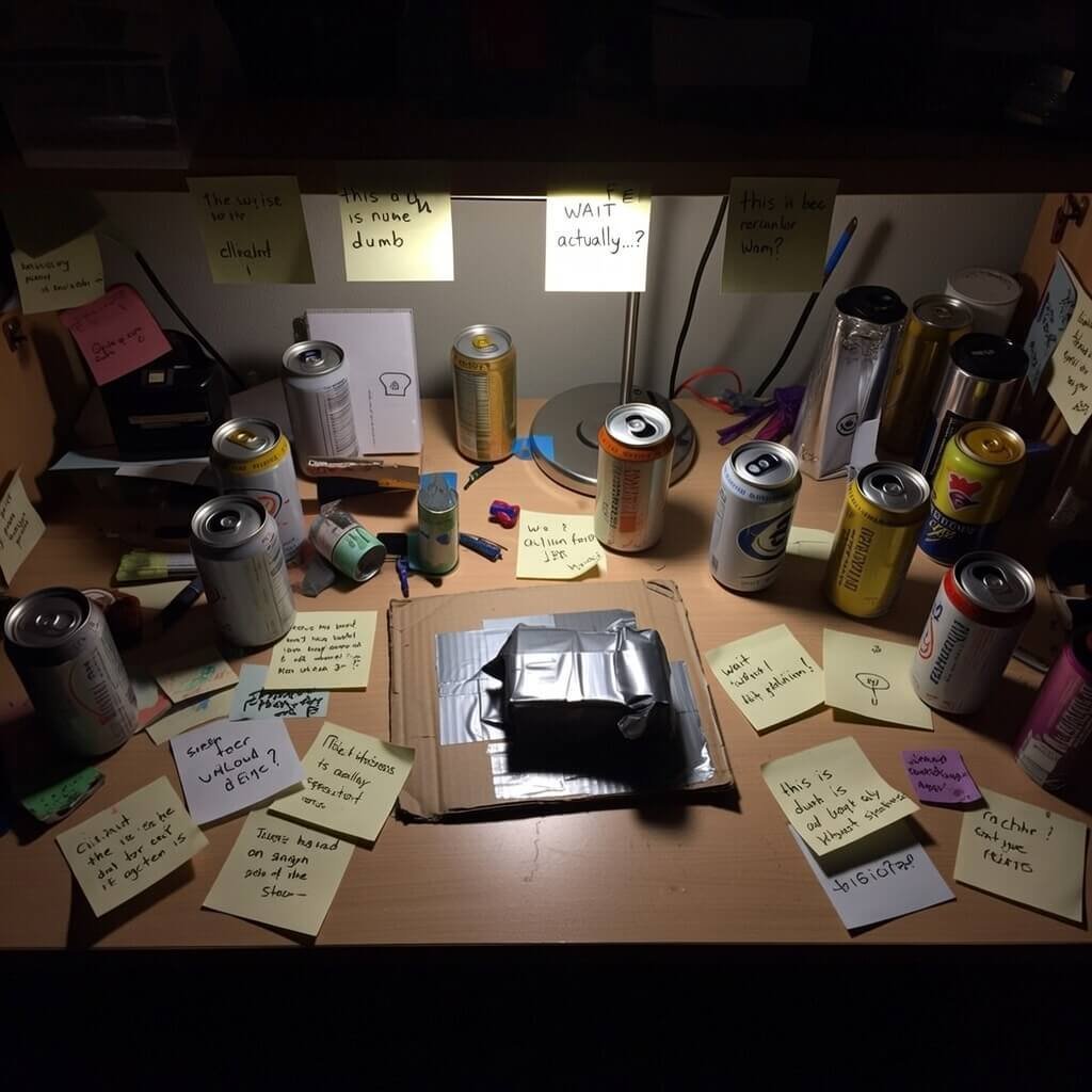 2 a.m. dorm desk chaos, sticky-note existential crisis