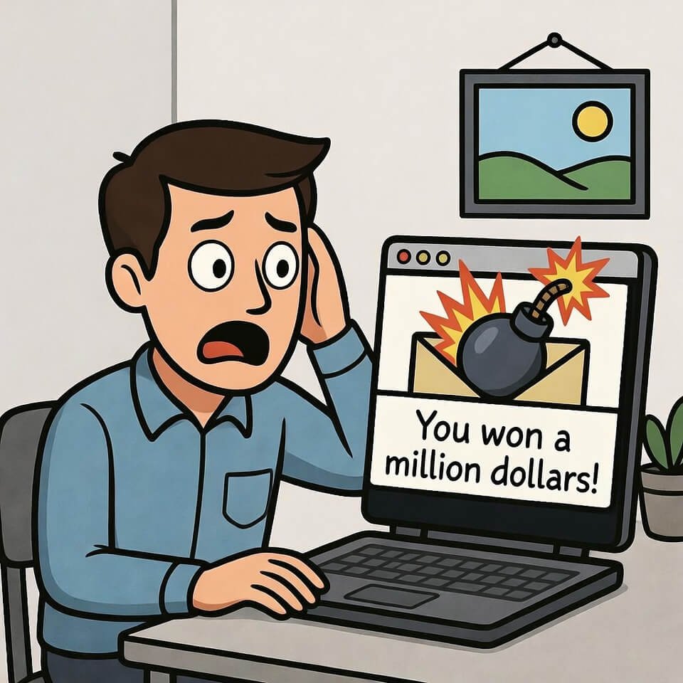 Panicked cartoon me as phishing email explodes on laptop