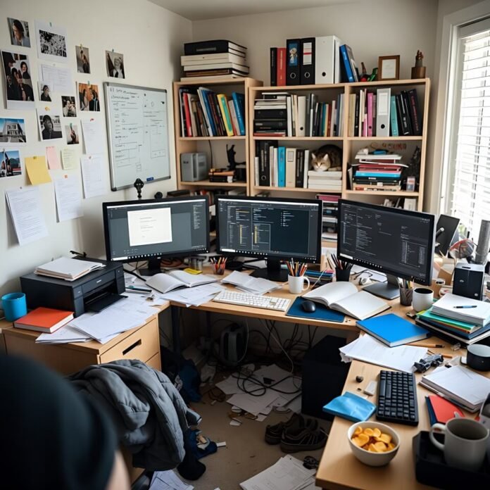 Messy home office desk with screens, snacks, and cat from low floor angle