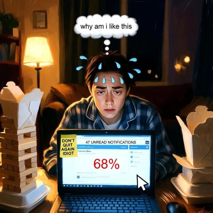 Tired guy in pajamas failing at late-night learning