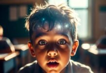 How Virtual Reality Is Reshaping Classroom Education Kid in VR high-fiving pterodactyl, water spilling on desk