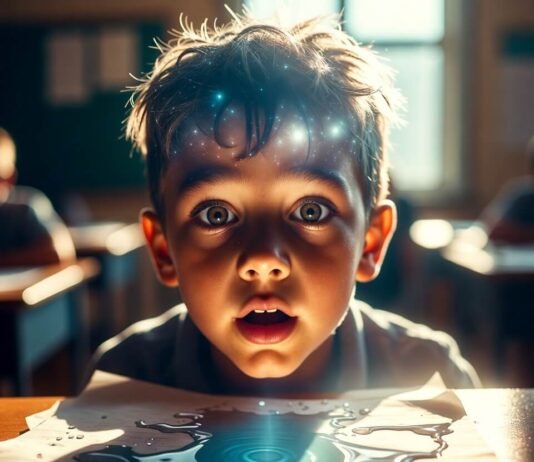 How Virtual Reality Is Reshaping Classroom Education Kid in VR high-fiving pterodactyl, water spilling on desk