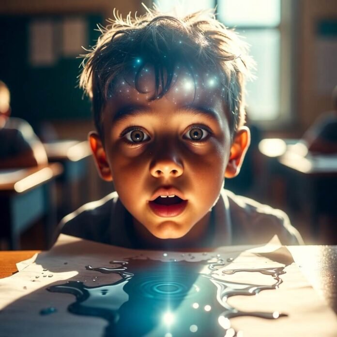Kid in VR high-fiving pterodactyl, water spilling on desk