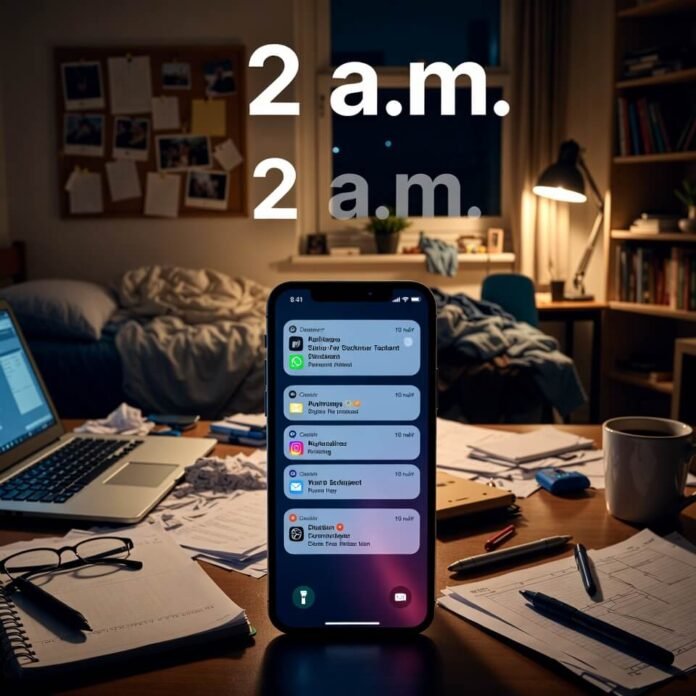 Dorm desk at 2 a.m. with notification overload