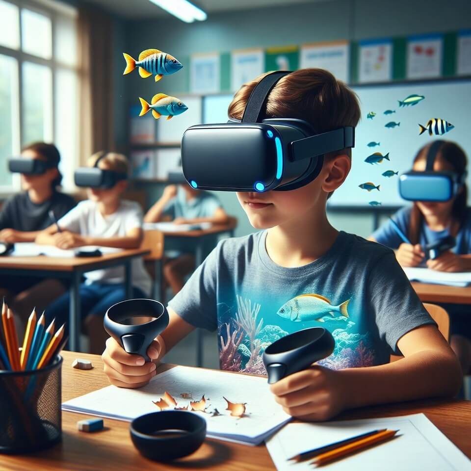 Student’s VR ocean view blending into real classroom desk