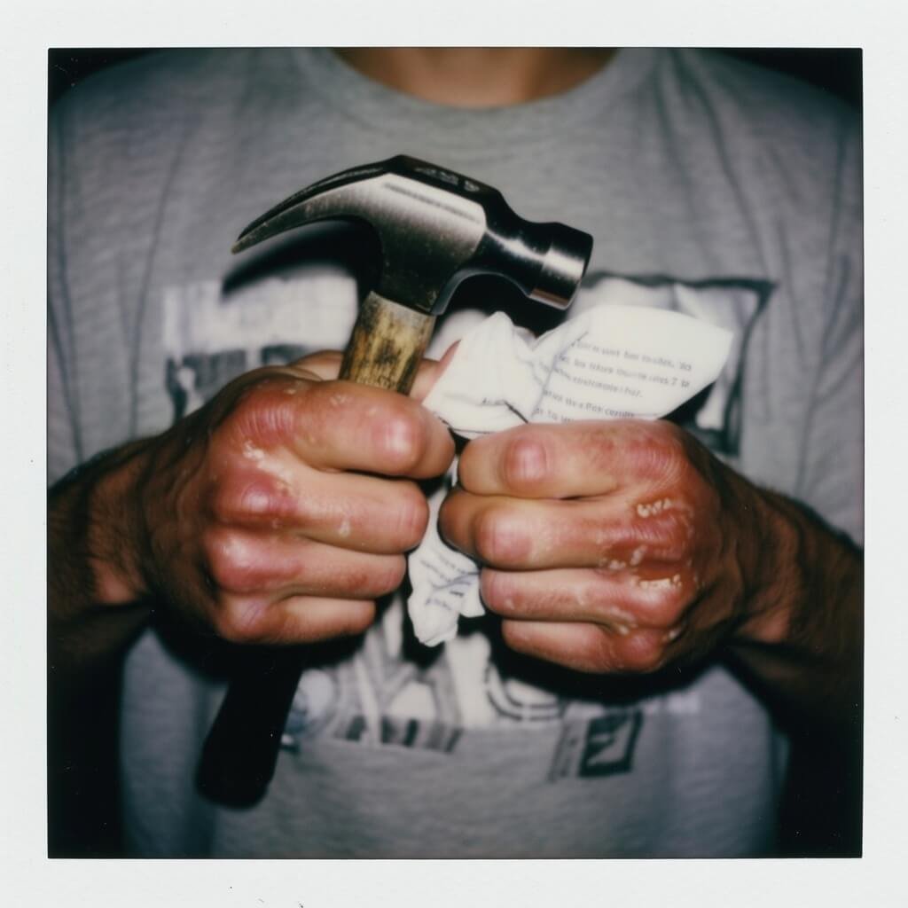 Blistered hands gripping hammer and crumpled job rejection letter.