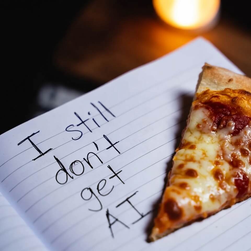 Blurry notebook with "I still don't get AI" and pizza slice