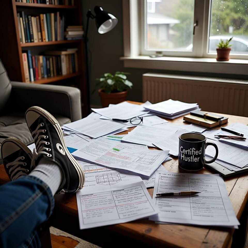 Sneakers and "Certified Hustler" mug with study notes