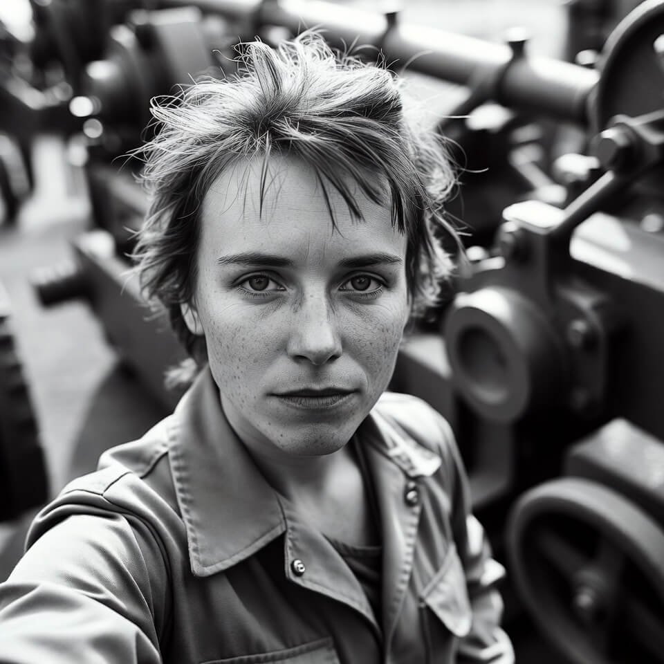 Tired worker in uniform taking quick selfie by machinery.