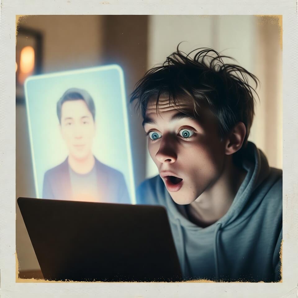 Surprised person in hoodie staring at holographic AI tutor over laptop