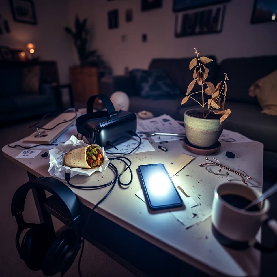 Messy coffee table with dangling VR headset and burrito