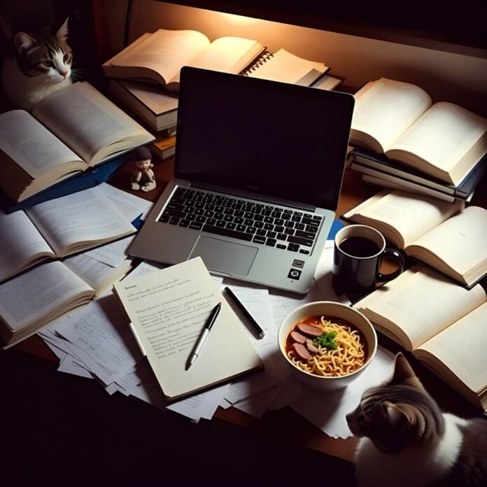 Late-night desk with ramen, cat, and laptop chaos