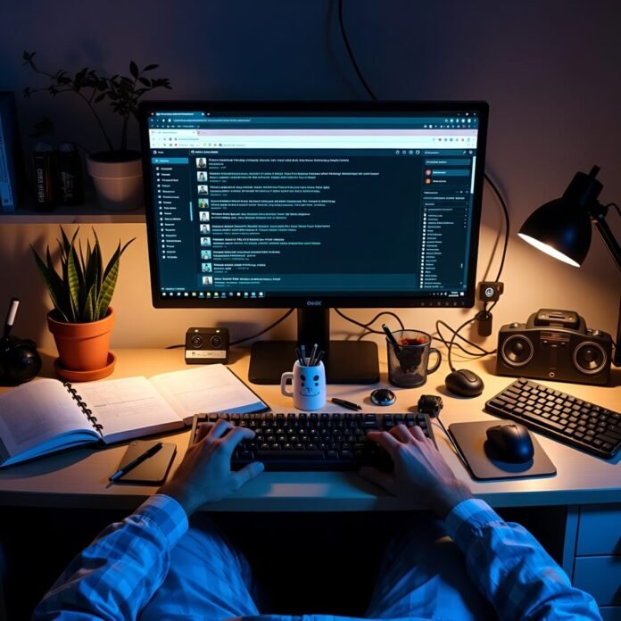 Cluttered desk chaos with coffee spill and floating questions