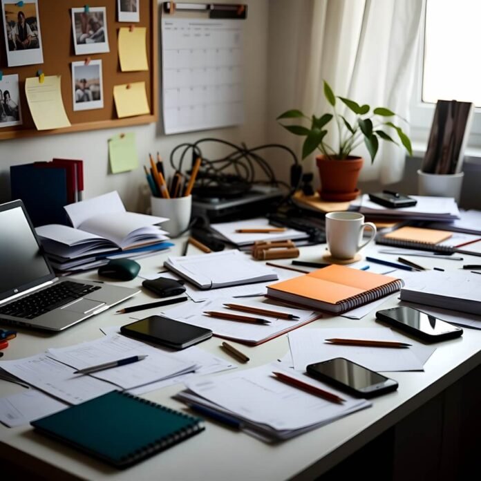 Messy student desk in time management panic