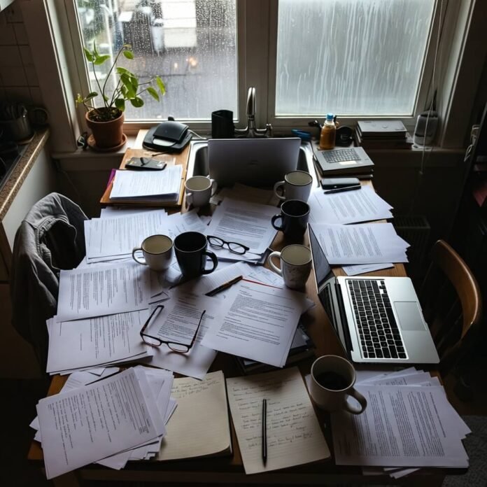 Messy desk with cover letters and rainy Seattle vibes