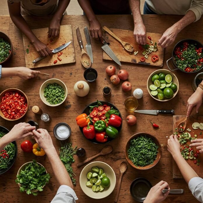 Diverse hands cooking together