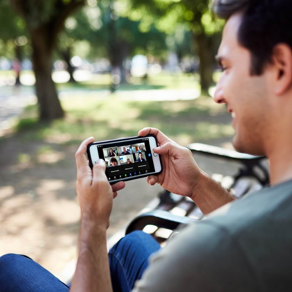 Relaxed outdoor Zoom networking on sunny park bench