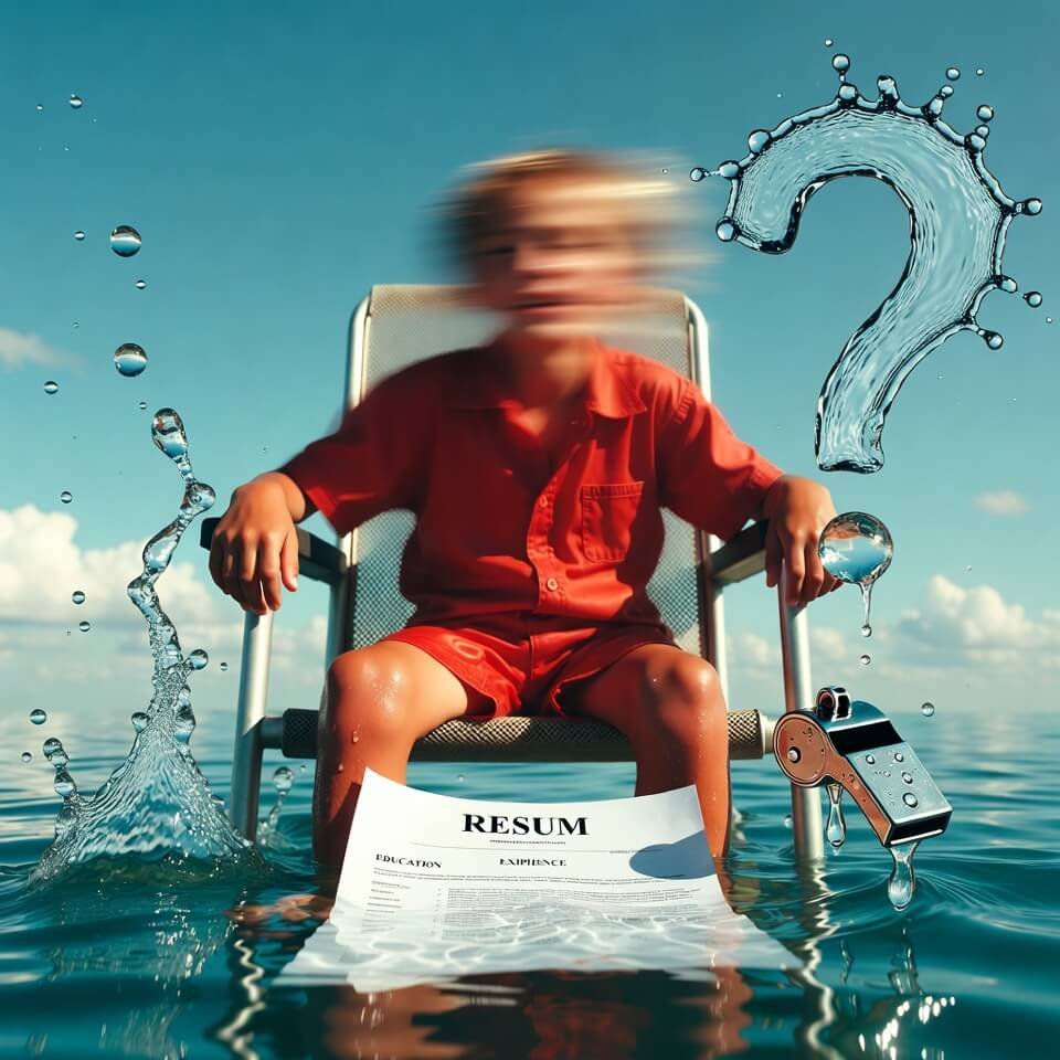 Teen lifeguard on chair with floating resume in water
